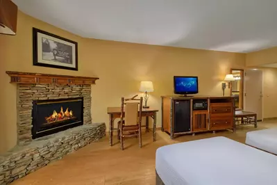 Beds facing a tv on a dresser next to a fireplace